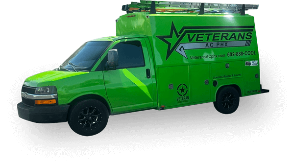 Bright green Veterans AC PHX service van with ladder rack